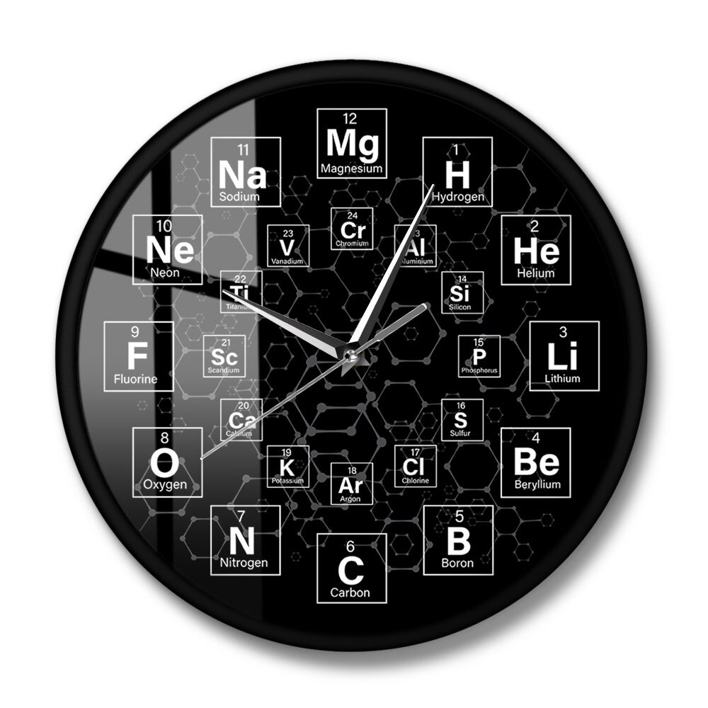 Tabla periódica de los elementos químicos, reloj de pared de ciencia, arte de pared, decoración para aula, reloj de pared, para profesores de Química: Metal Frame