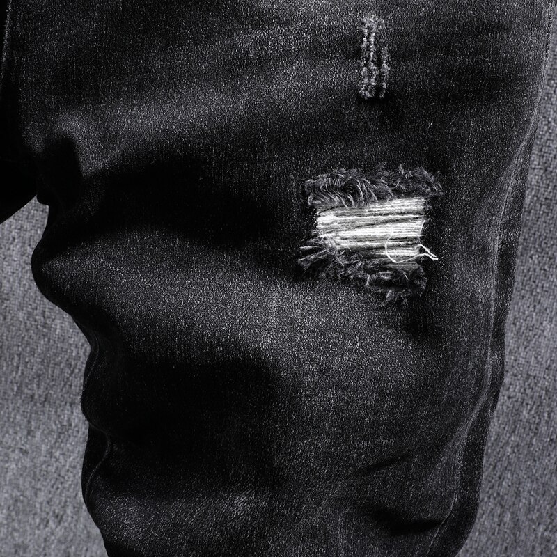 Koreansk stil herre jeans svart farge elastisk revet jeans slank passe broderi streetwear hofte hopp denim lange bukser