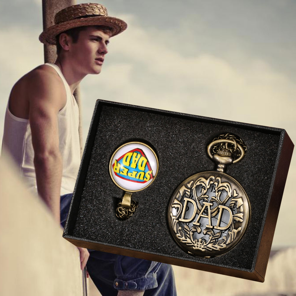 Vaders Dag Quartz Zakhorloge Hollow Gesneden Dad Zakhorloge Retro Creatieve Hanger Klok Ketting Ketting Super Dad