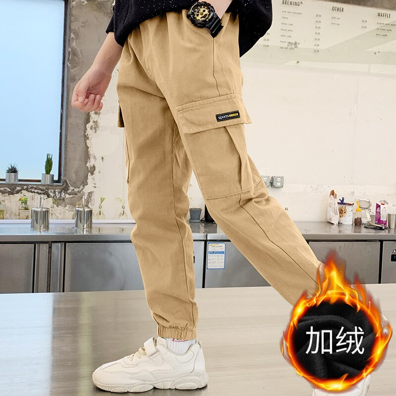 Pantalons chauds d'hiver pour garçons et filles, en velours, Long, taille élastique, coton, pour enfants de 4 à 12 ans, décontracté: Khaki / 5-6 Years(130cm)