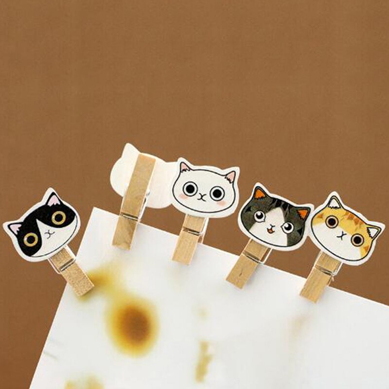 10 stuks/partij schattige cartoonkat schattige houten paperclips / kleine knutselfoto-knijpers