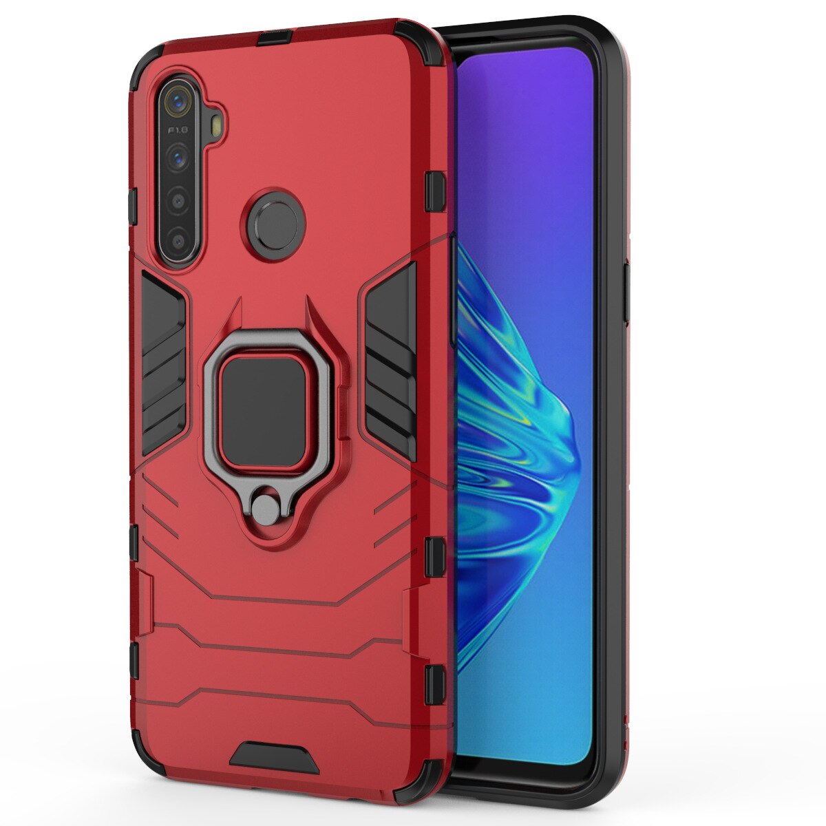 Hybrid Rugged Armor For OPPO REALME C3 Case Kickstand With Metal Finger Ring Shock Proof Cover For OPPO Realmi C3 Phone Cases: Red