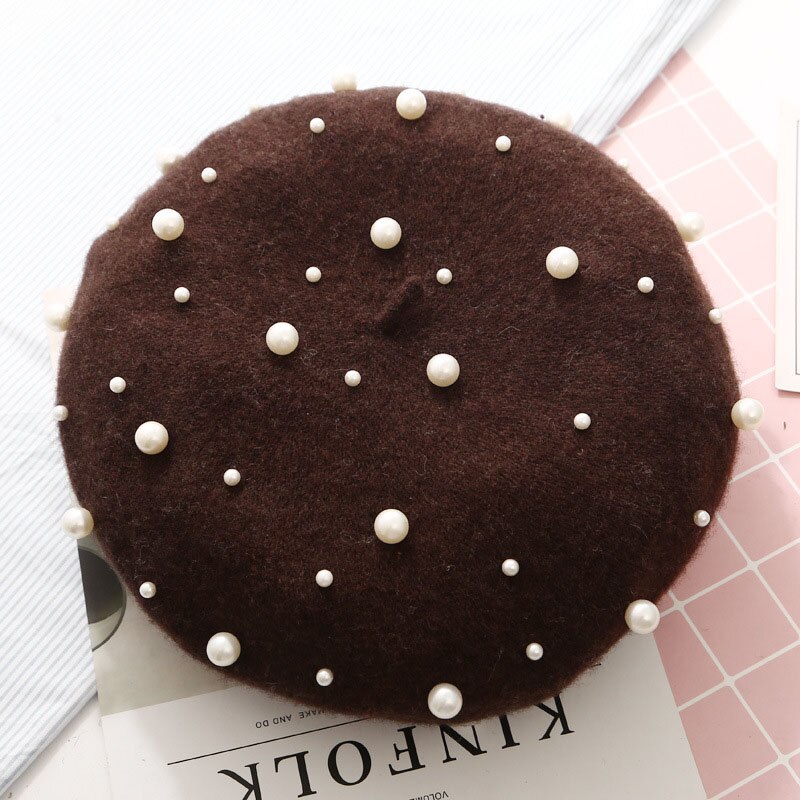 Wool Women Winter berets Luxury pearl rivet Vintage Cashmere Female Warm Vogue beret Hats Girls Flat cap beret for women: Coffee