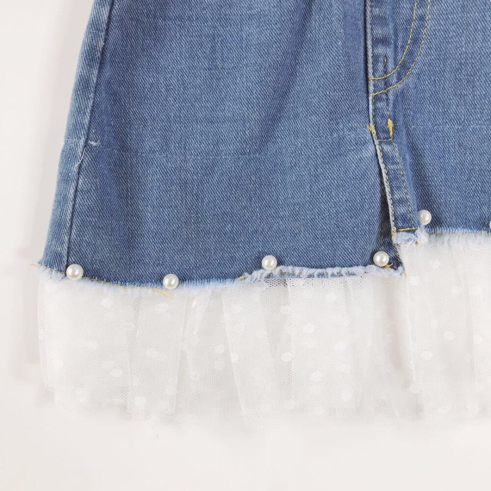 Piger nederdel jeans koreansk baby pige blonder syning jeans nederdel børn denim halvlang nederdel til piger perle nederdel 2-8 år