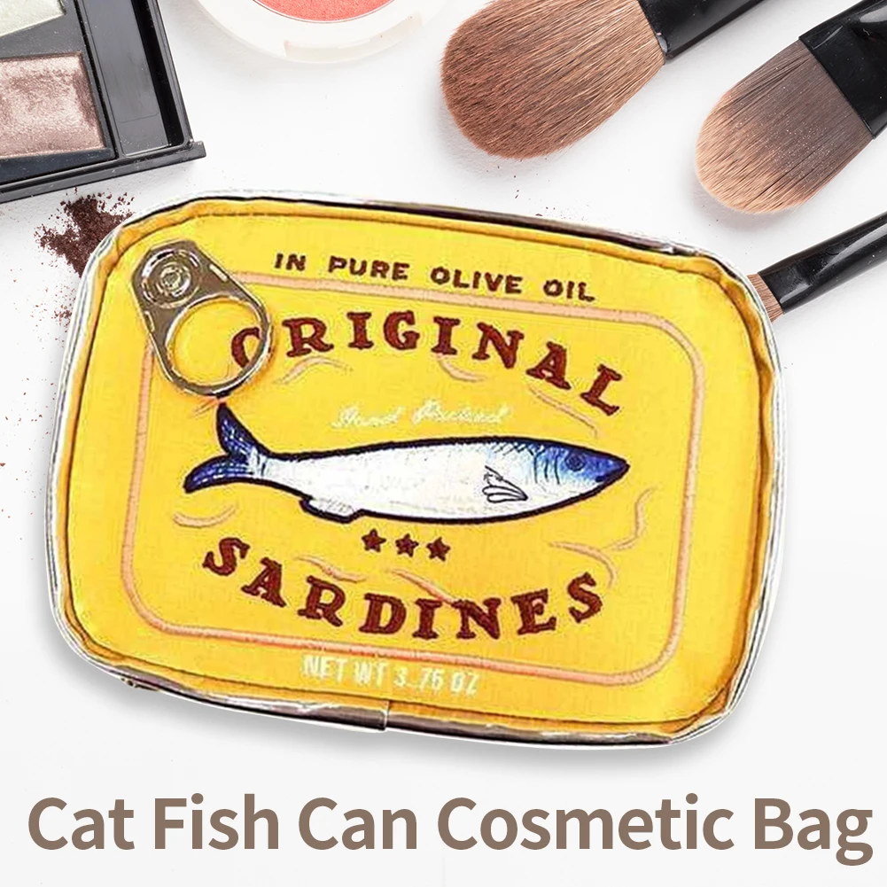Bolsa de cosméticos bonita con forma de latas de sardinas, paquetes divertidos, bolsa de aseo portátil creativa, bolsas de maquillaje pequeñas y suaves con cremallera a la