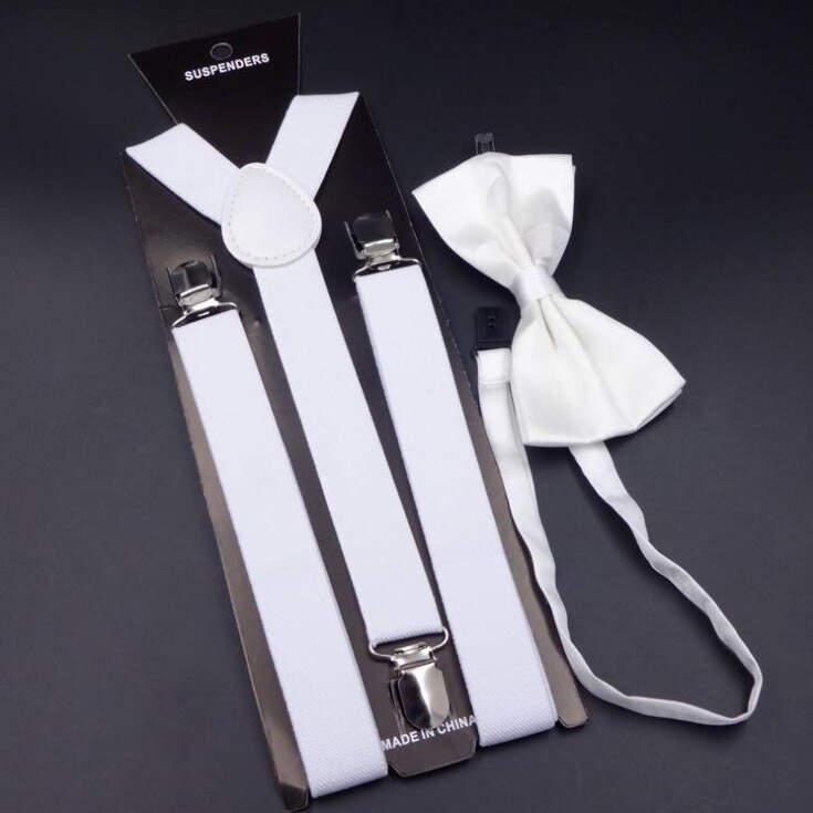 Effen Kleur Man Riem Bowtie Set Mannen Vrouwen Bretels Polyester Y-Back Bretels Twee Kleuren Strikje Verstelbare elastische: WHITE