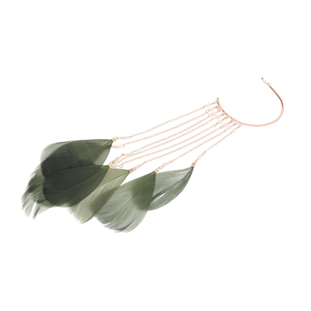 Oreille chenille grimpeur bohême plume perlée longue gland balancent goutte manchette boucles d'oreilles: Green