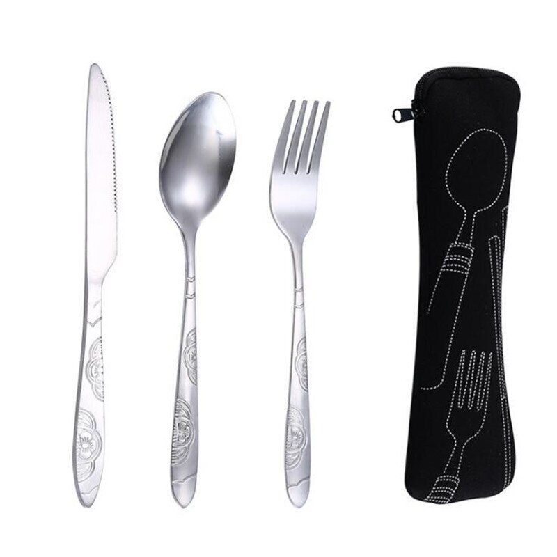 4PCS Stainless Steel Western Steak Cutlery Cloth Bag Tableware Set Portable Western Dinnerware Set Travel Tableware: black