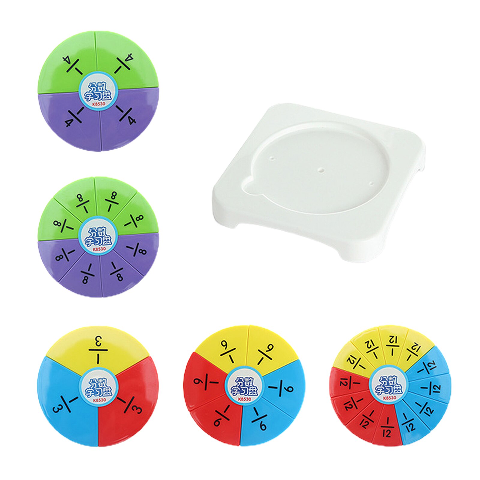 Circular Fractions Card Numbered Board Children Early Education Learning Toy, 5 Circle Representing 1/3, 1/4, 1/6, 1/8, 1/12