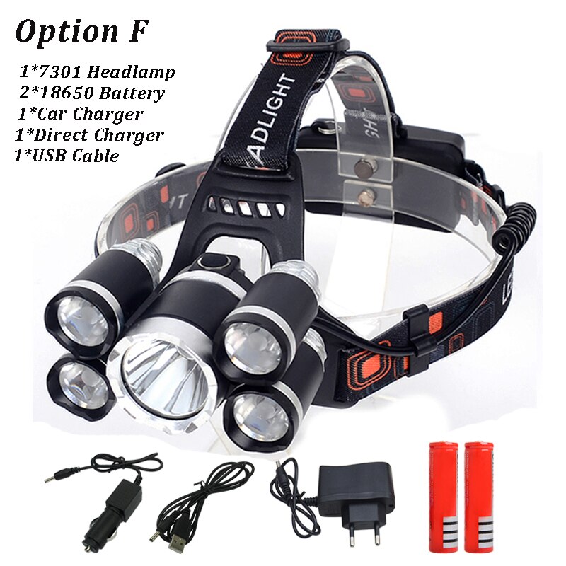 6000 Lumen Koplamp 5 * Led T6 Koplamp 4 Mode Koplamp Oplaadbare Head Lamp Zaklamp + 2*18650 Batterij + Ac/Dc Lader: option F