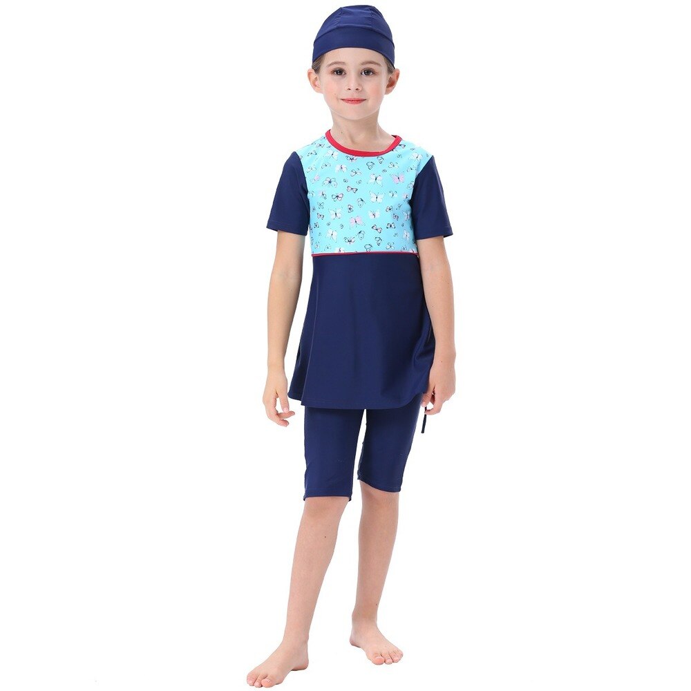 Bañadores musulmanes para niñas, trajes de baño largos para bebés, ropa de playa islámica árabe, Burkinis, pantalones de Surf, 3 uds.: Azul / 100cm