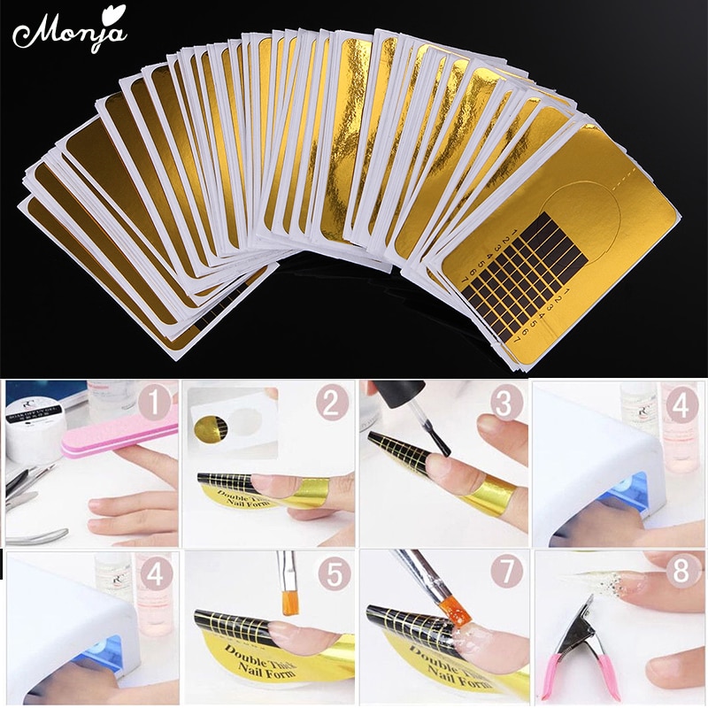 Monja 100Pcs Nail Art French Acrylic UV Gel Extension Builder Form U Shape Curl Nail Forms Guide Stencil Manicure Tools