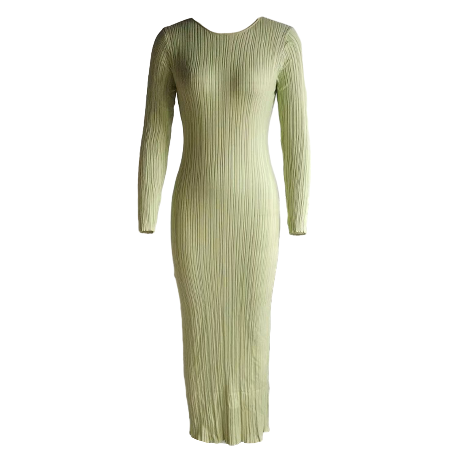Vestido de punto ajustado de Color sólido para primavera y otoño para mujer, vestido acanalado de manga larga con cuello redondo, vestido largo ajustado: S / Verde