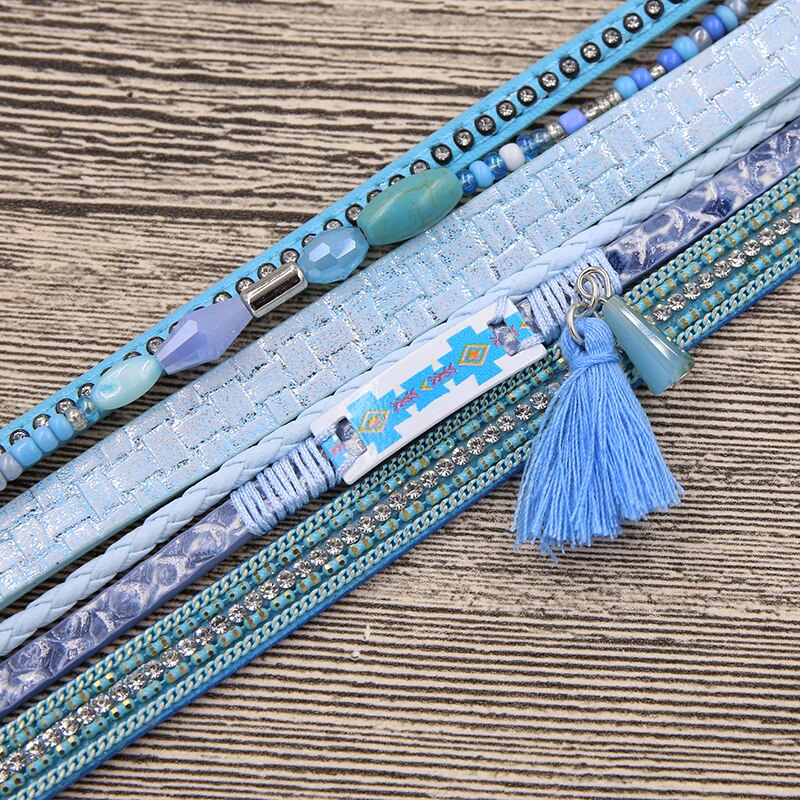 STRATHSPEY Etnische Kwasten Sieraden Armband Vrouwen multi-layer Lederen Touw Strass Magneet Sluiting Bangle Bracelete Feminino Blauw