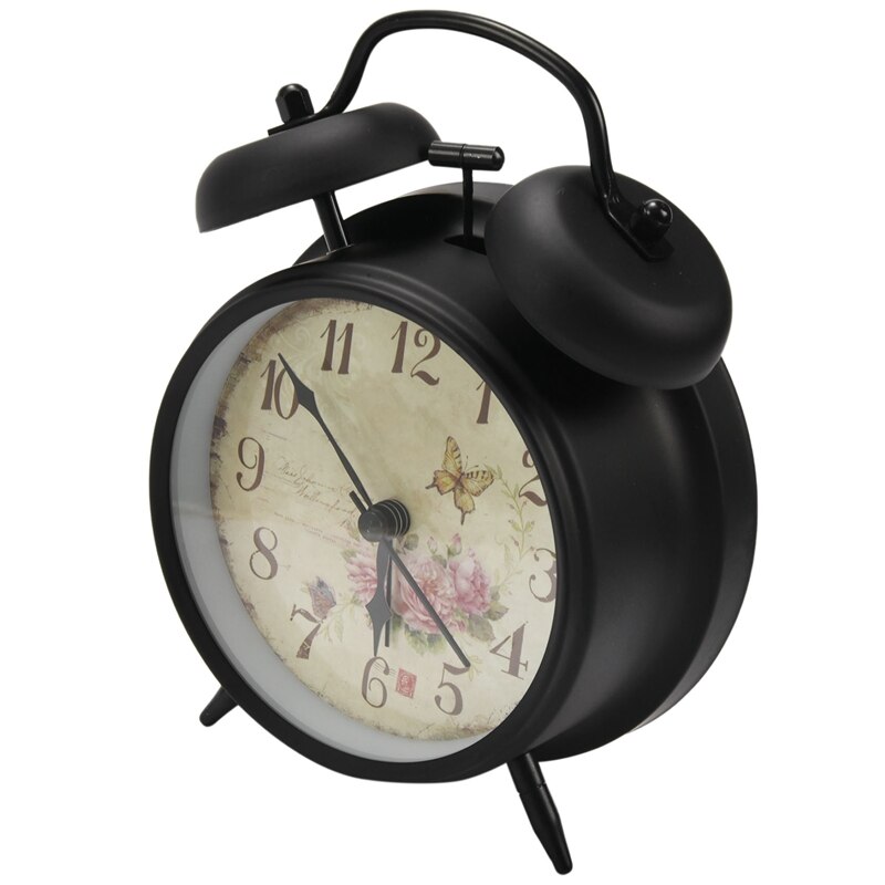 4 inch Retro Vintage Bedside Twin Bell Alarm Clock With Loud Alarm and Nightlight (Black Case - Roses)