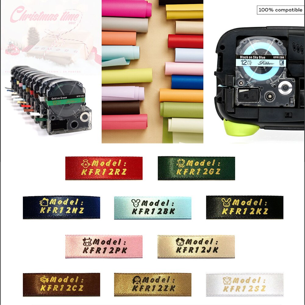 Satin Ribbon Labeling Tapes 12mm*5m SFR12BK SFR12PK SFR12KZ SFR12NZ SFR12RZ Compatible Epson KingJim Label Printer LW-300 LW-700