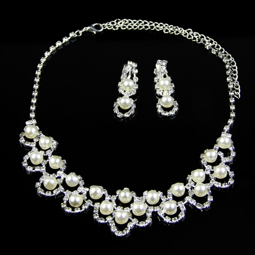 Bridal Wedding Rhinestone Pearl Plated Necklace Earrings Chic Crystal Jewelry set for momen A9CG