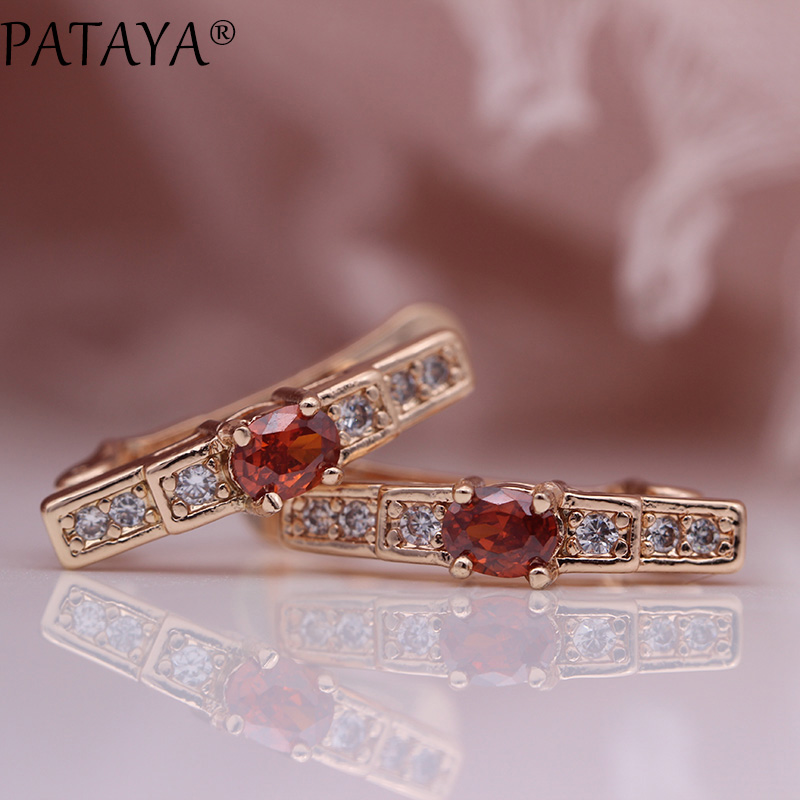 PATAYA Oval Green Earrings Women Wedding Cute Fine Jewelry 585 Rose Gold Multicolor Natural Zircon Dangle Earrings: pomegranate red