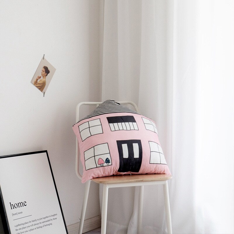 Nordisk stil hus kudde barnrum dekorativt, hus hem soffa sovrum burspråk kudde kudde, kamera rekvisita: Rosa hus
