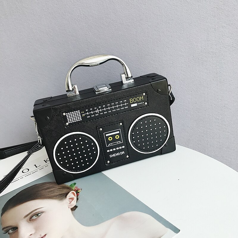 Sjov sort radio stil pu læder dame clutch taske skulder taske håndtaske kvinde crossbody mini messenger taske punge