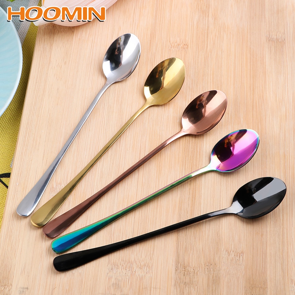 HOOMIN 19.5 CM Spoon Stainless Steel Long Handle Spoon Ice Cream Tea Coffee Spoons Home Kitchen Accessoeies Tableware