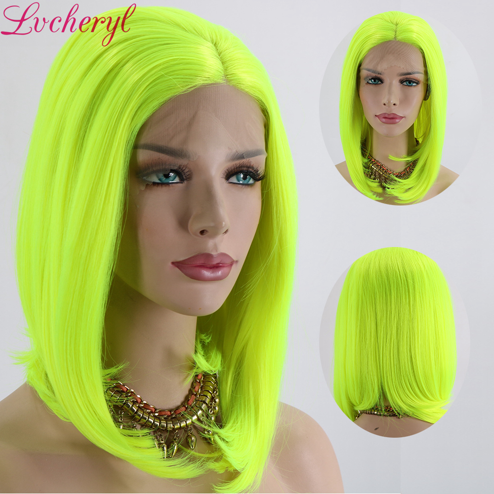 Lvcheryl neon gul färg värmebeständigt kort hår peruker syntetisk spets front peruker cosplay fest smink peruker för sommaren