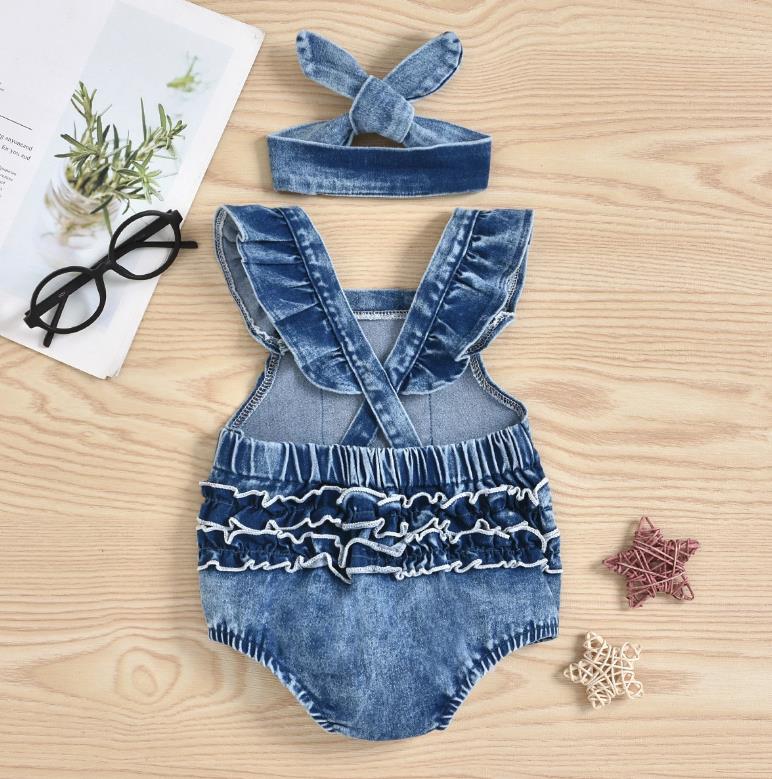 0-18m arco-íris impresso bebê meninas meninos denim macacão babados manga curta bolso macacões bandana
