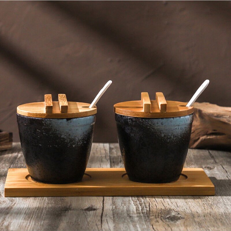 Japanse Stijl Keramische Kruidenrek Kruiden Doos Zout En Peper Containers Set Met Bamboe Deksel Dienblad Kruiderij Jar