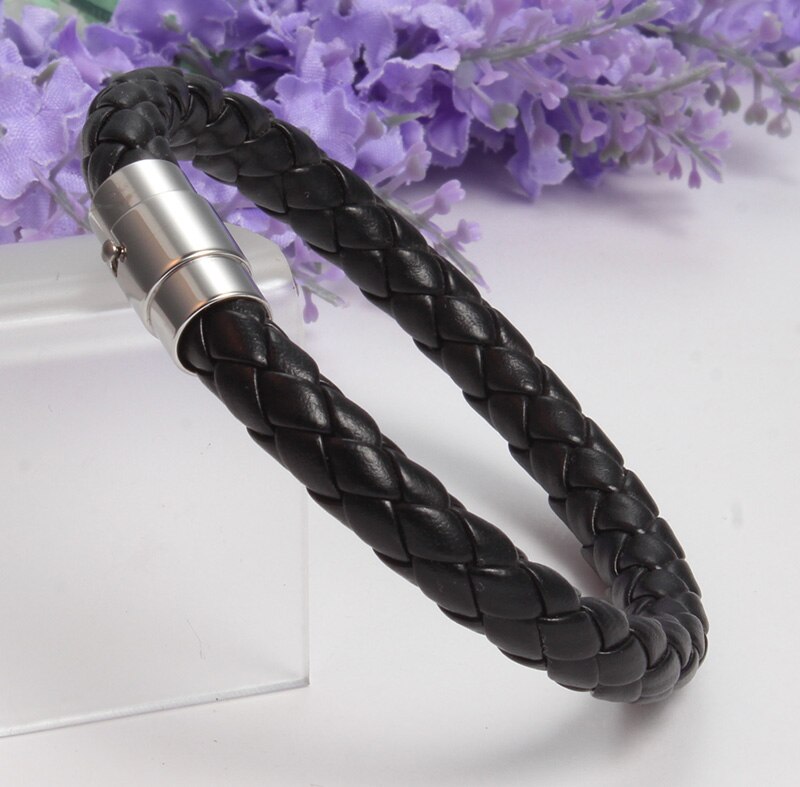 Black Braid Leather Bracelet Bangle Stainless Steel Clasp Men Jewelry 21cm