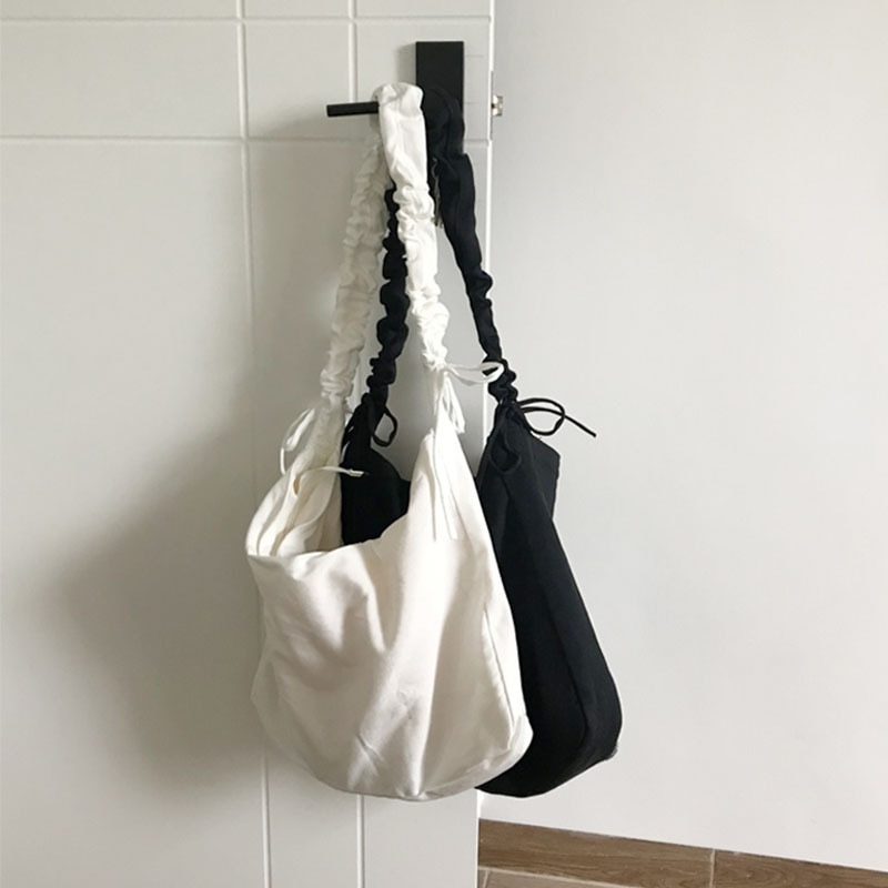 Sac en toile d'art coréen pour femmes, sacoche à large sangle d'épaule avec cordon de serrage, sacoche d'école,