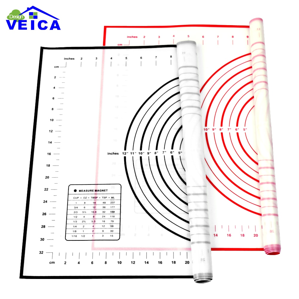 Tapete de silicona antiadherente para hornear, tapete de silicona para pasta y galletas, tamaño grande, rojo/Negro, 60x40cm, con medidas y conversiones