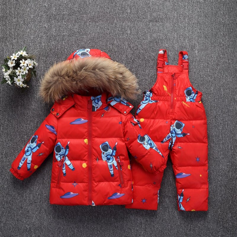 Bébé hiver doudoune ensemble enfants garçons filles 2 pièces manteau pantalon costumes bébé à capuche avec de la fourrure épaissir Ski neige chaude salopette vêtements: Red2 / 2T