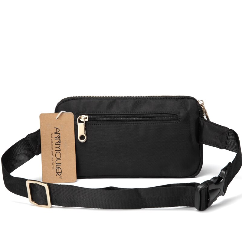 Annmouler Polyester Women Fanny Pack Large Capacity Waist Bag Black Double Zipper Waist Pack Ladies Chest Bag 4 Colors Bum Bag