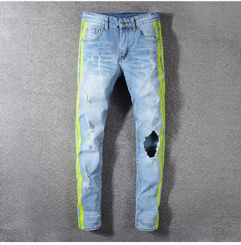 Mænds mandlige casual mand neon gule farve linjer patchwork flækkede jeans huller ødelagt denim stretch bukser bukser