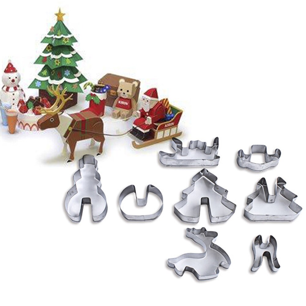 8 stks/set Rvs 3D Kerst Cookie Cutters Cake Cookie Mold Fondant Cutter DIY Kerstboom Elanden Slee Bakken Tools