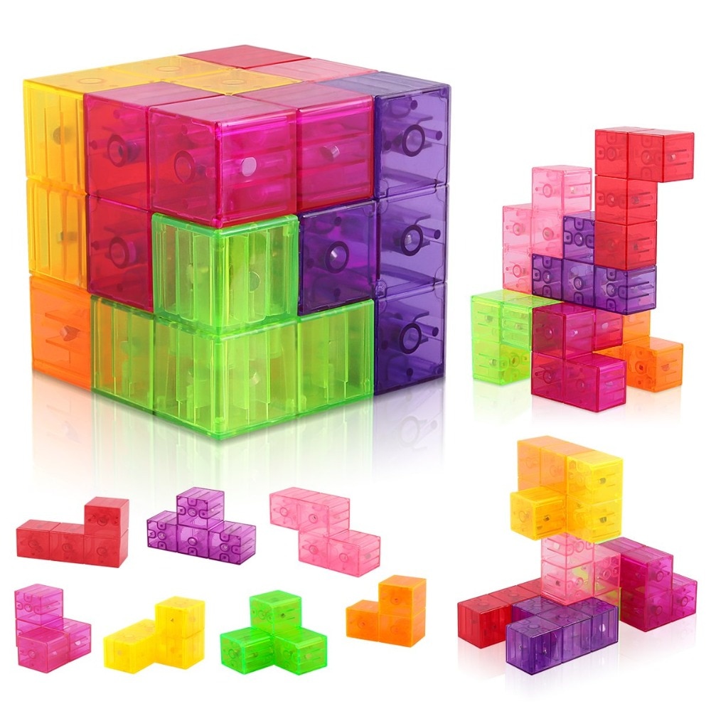 Tetris Puzzel Kubus, magnetische Building Vierkante 3D Brain Teaser Voor Kinderen Met 54 Pcs Puzzel Kaarten Voor Kinderen Vroege Onderwijs