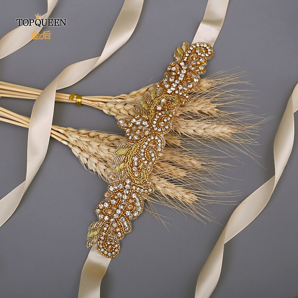 Topqueen  s375- g gull rhinestone midjebelte kvinner beaded bryllup belter india blonder brude sash belte gull belte for formell kjole