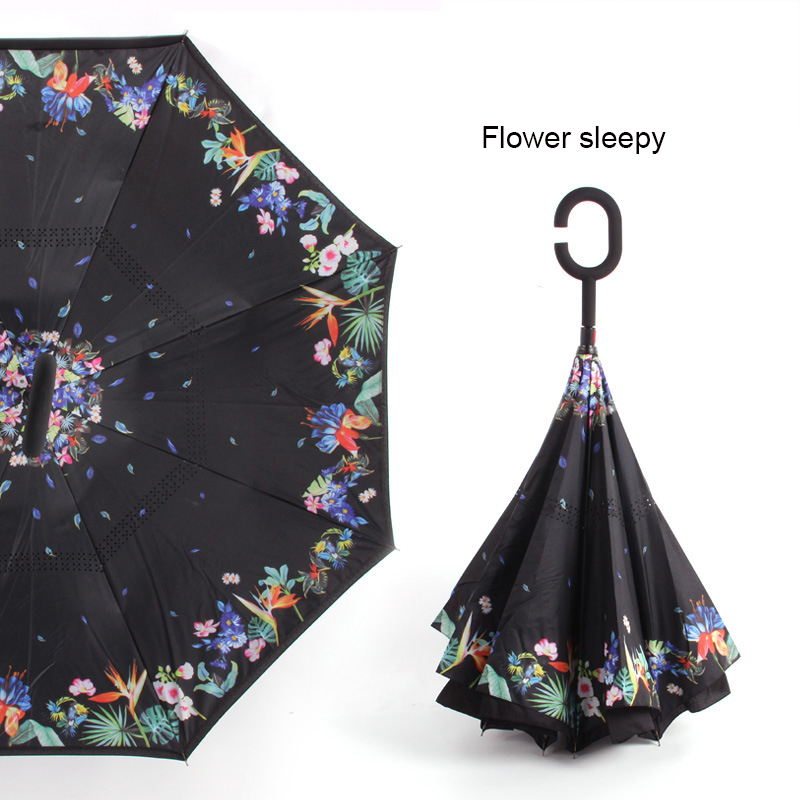 Paraguas plegable inverso resistente al viento, paraguas para hombre y mujer para lluvia y sol, paraguas con mango en C invertido, soporte autónomo para Anti UV de doble capa: flower sleepy