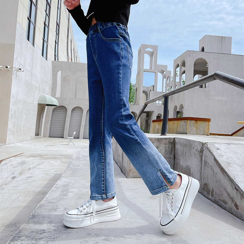 Pantalones vaqueros informales para adolescentes, Jeans rectos de cintura elástica, Color azul, 12