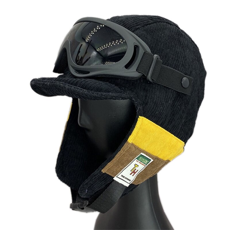 Gorro de aviador de invierno para niños, gafas de protección para las orejas, Color sólido: Black