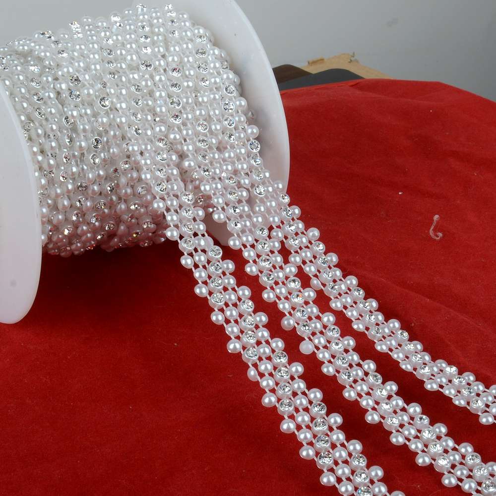 BOLIAO 1 Yard 15mm (9/16 &quot;) breedte ABS Imitatie Parel Kralen Ketting Trim en 4mm Ronde Steentjes Wedding Party Decoratie R2007: White