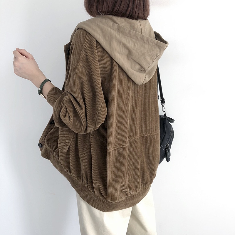 Chaqueta de pana casual suelta para mujer, chaqueta de color sólido de manga larga, abrigo de PANA con capucha, chaqueta de bolsillo de un solo pecho