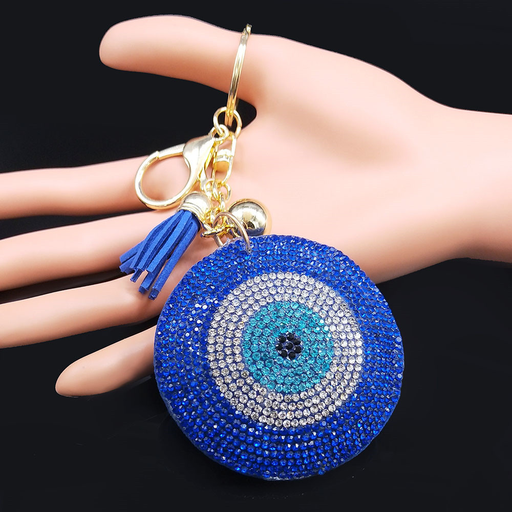 Llaveros de cristal con ojos de pavo, anillo para mujer, llavero de Color azul dorado, accesorios para bolso, joyería, llaveros para mujer