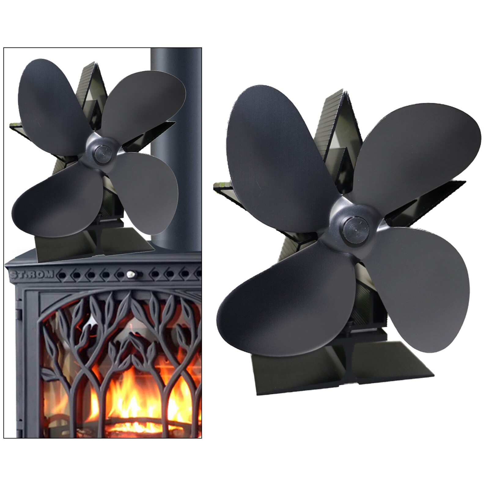 4-Blade Stove Top Fan Heat-Powered Wood Log Burner Heat Distribution Fireplace Fan Eco-Friendly Fuel Saving Warm Air Blower: Black