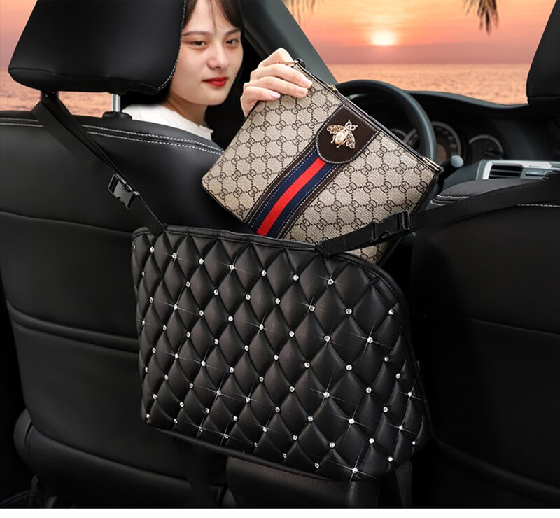 Auto Handtas Houder Luxe Lederen Autostoel Opbergtas Organizer Multi-Zakken Universele Bling Crystal Opbergen Opruimen Auto Goederen