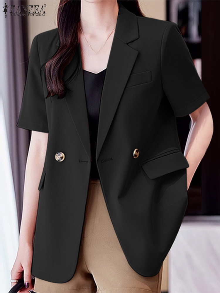 Zanzea dame sommerblazer ensfarvet arbejdsskjorte med revershals og korte ærmer, blazer med jakkesæt, afslappet bluse med knapper