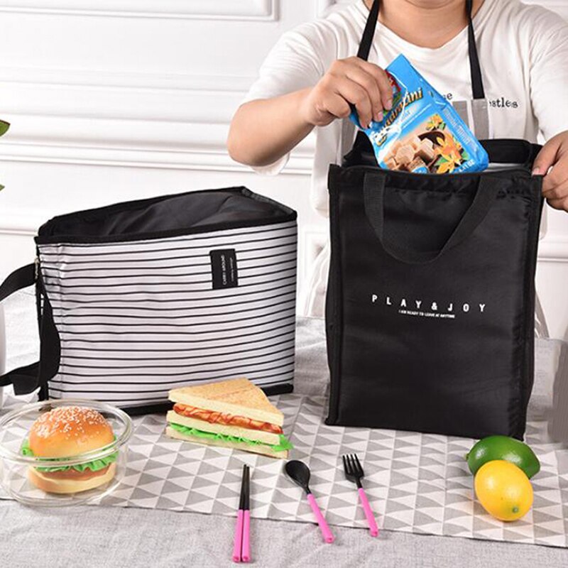 Sacs à déjeuner thermiques portatifs de rayures blanches noires pour des femmes enfants hommes nourriture pique-nique refroidisseur boîte sac fourre-tout isolé récipient de stockage