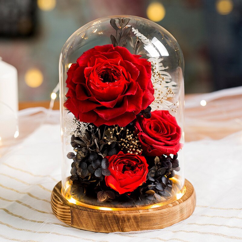Warme Romantische Ewige Blume Handgemachte Konservierte Echt Rose Glas Abdeckung Unsterblich Blumen Valentines Schild Hochzeit Liefert