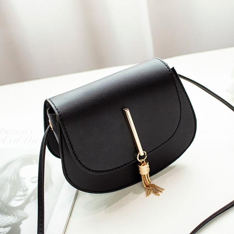 femenina, bolsas de mensajero de hombro con cierre liso de piel sintética, Mini bolso de mano con flecos, borlas y concha, , nueva: black