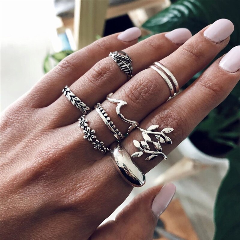 Bohemian Rings For Women Antique Silver Color Angle Anel Knuckle Gothic Punk Initial Ring Set Boho Jewelry Anniversary Gif: 2